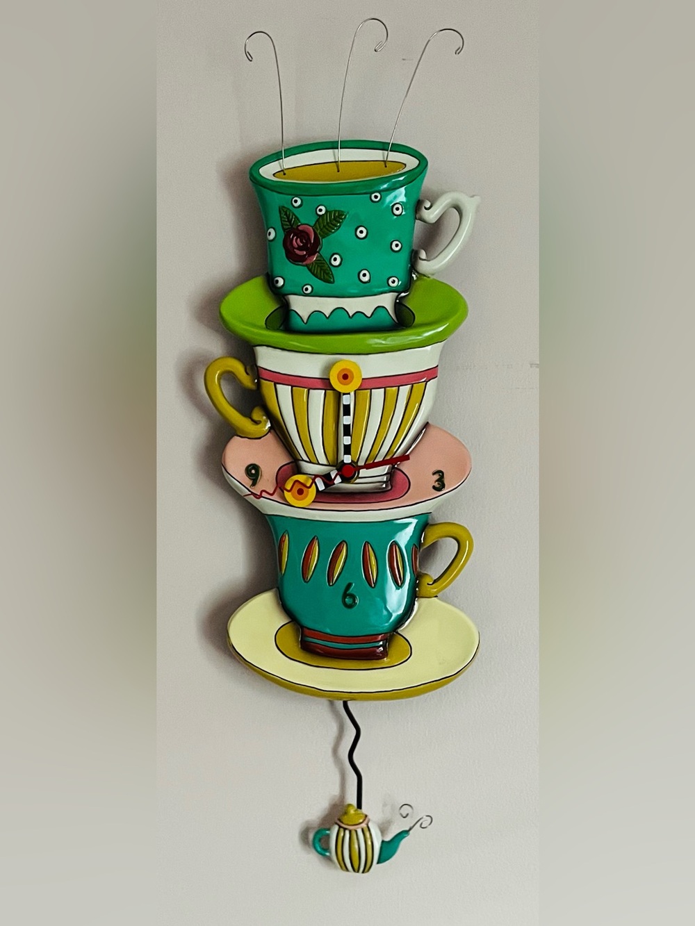 Allen Designs Spot of Tea Stacked Teacup Wall Clock Whimsical Cottagecore Decor